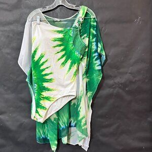 Trina Turk Tropical  One Shoulder Bathing Suite & Coverup Green Set Asymmetrical